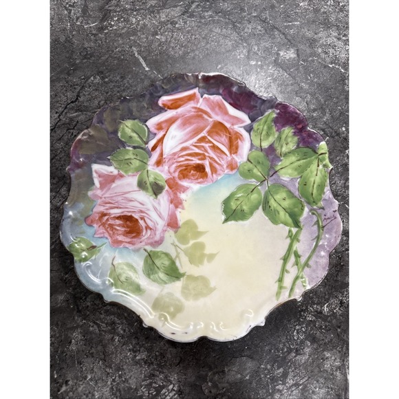 Antique Limoges Flambeau France‎ Hand-Painted Plate Double Roses 10